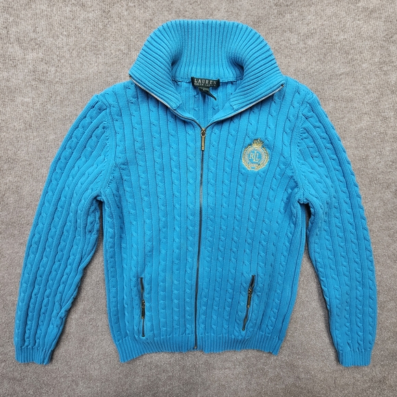 Lauren Ralph Lauren Cable Knit Full Zip Sweater L Blue RL Crest - Picture 3 of 16